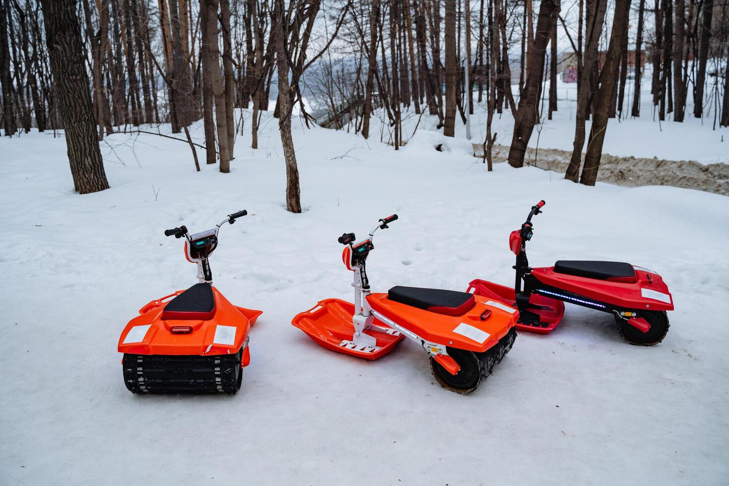 In the serene winter landscape, three snowmobiles are perfectly lined up in the soft, white snow, ready to embark on exciting adventures in the cold, freezing weather conditions photo