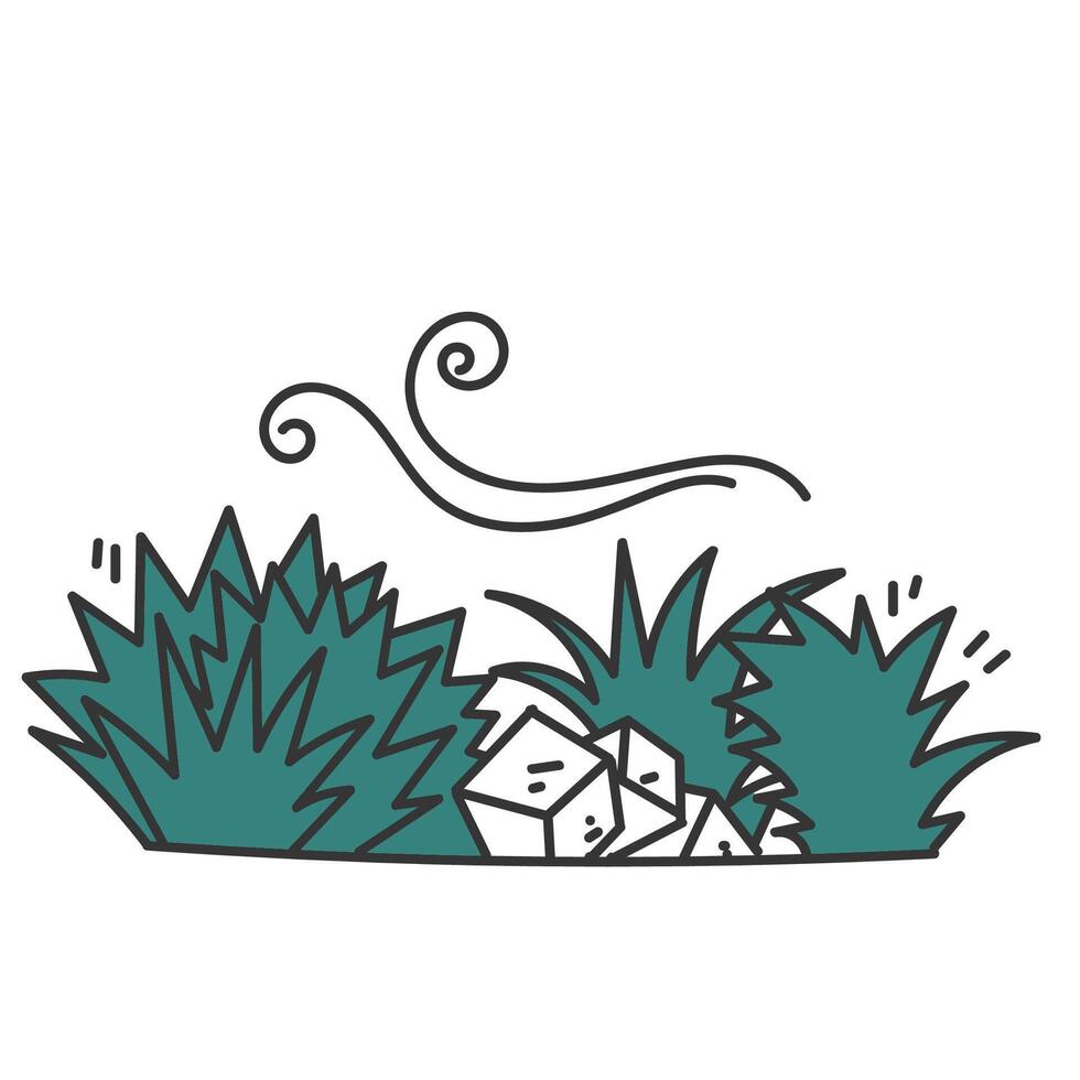 a green grassy area with a rock and a leaf vector
