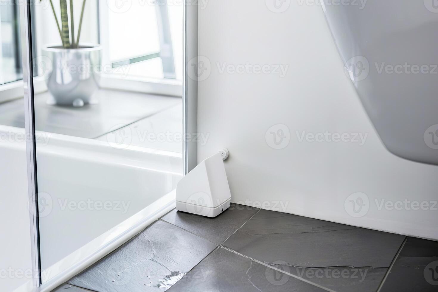 Modern bathroom with smart water sensor device for leak detection and prevention photo