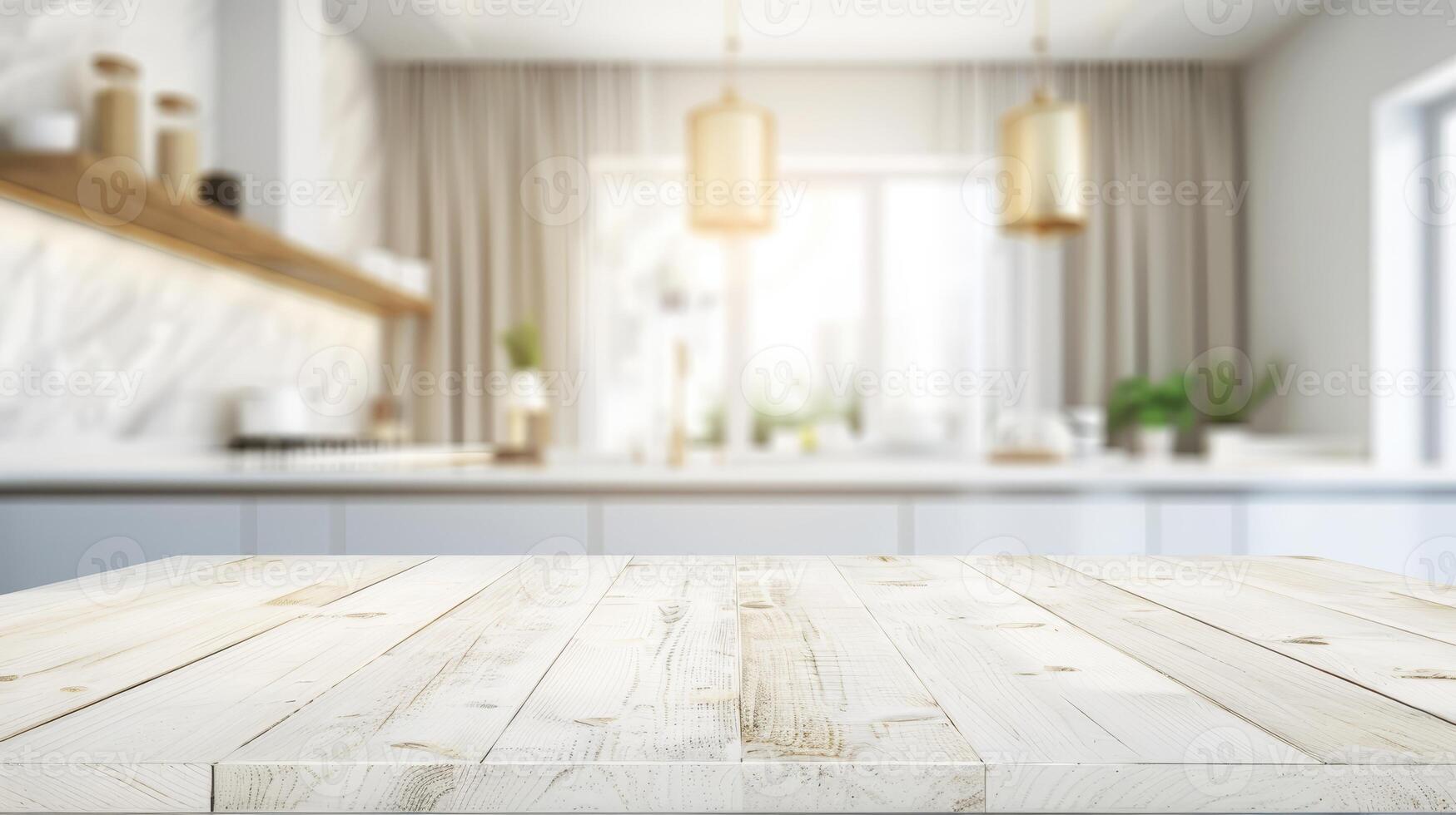 Modern bright kitchen interior with wooden table in focus photo