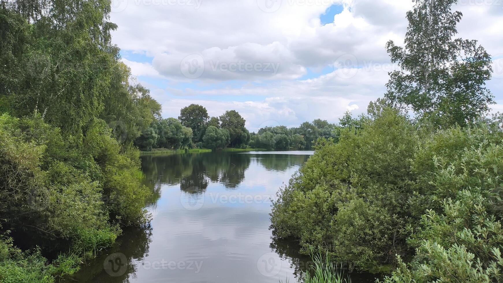 View of a beautiful lake in the forest among green trees with beautiful reflection, in summer. photo
