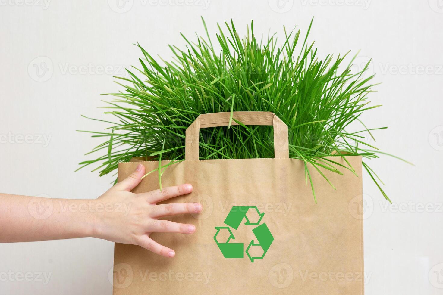 A hands of kid holding a paper bag of green grass photo