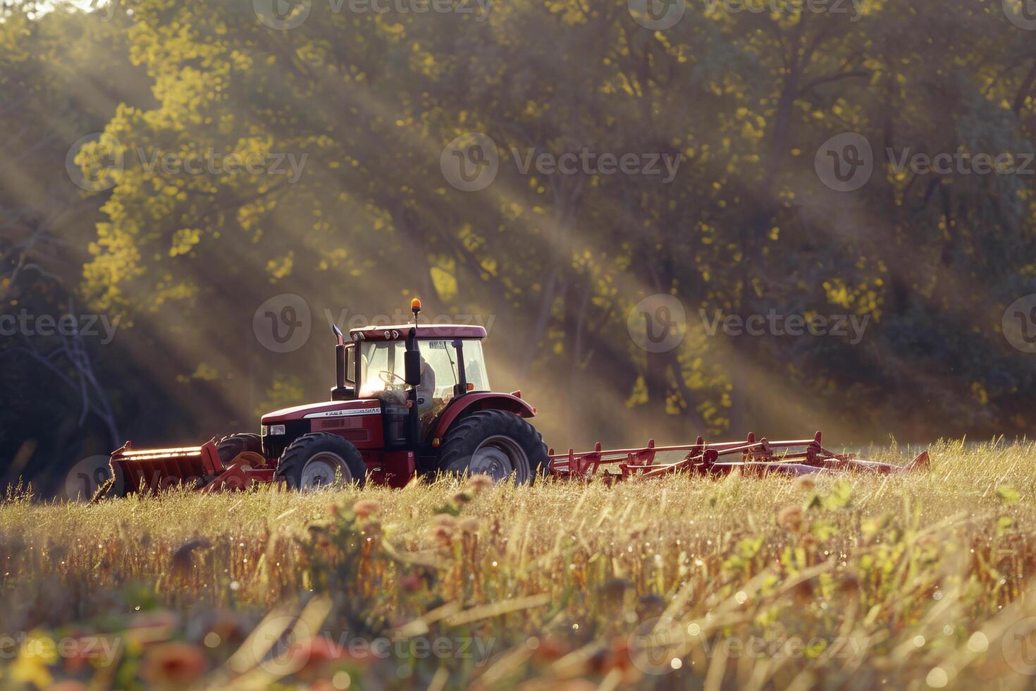 Tractor in golden field at sunrise with forest backdrop photo