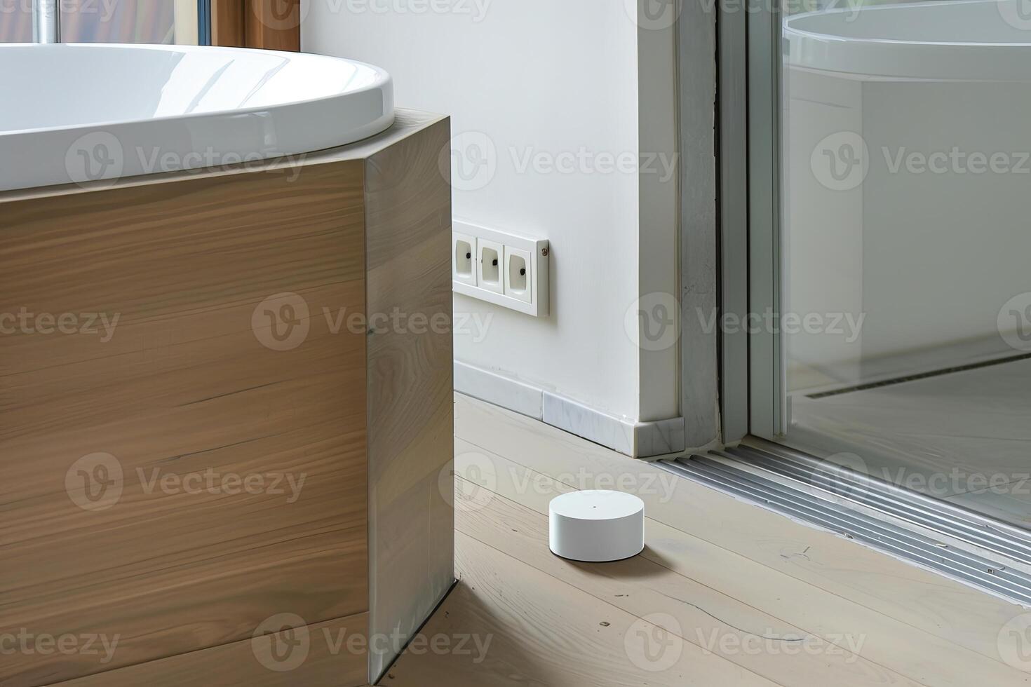 Modern bathroom with smart home device near stylish wooden bathtub for home automation and technology integration photo
