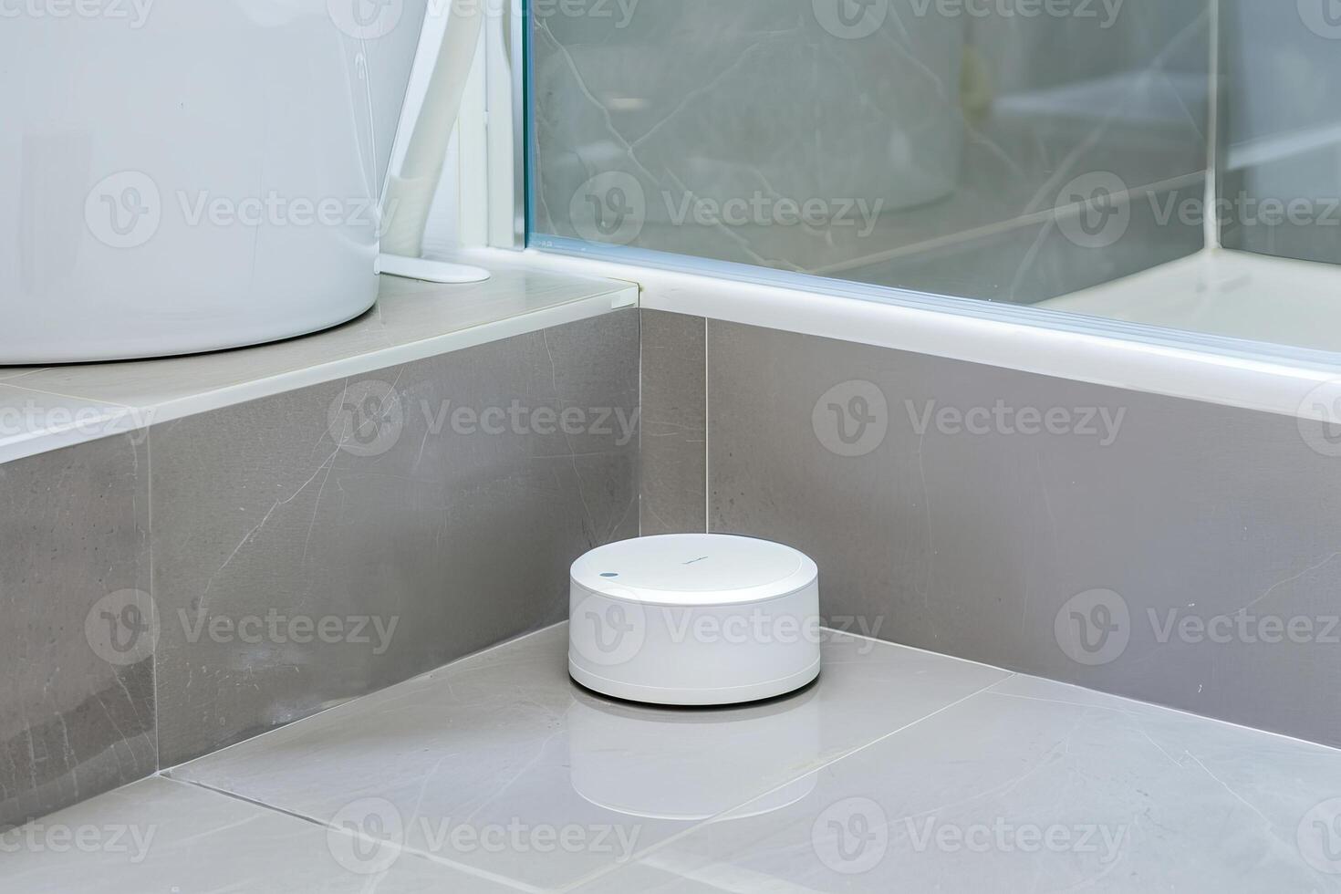 Modern bathroom with smart wireless speaker for home automation and relaxation photo