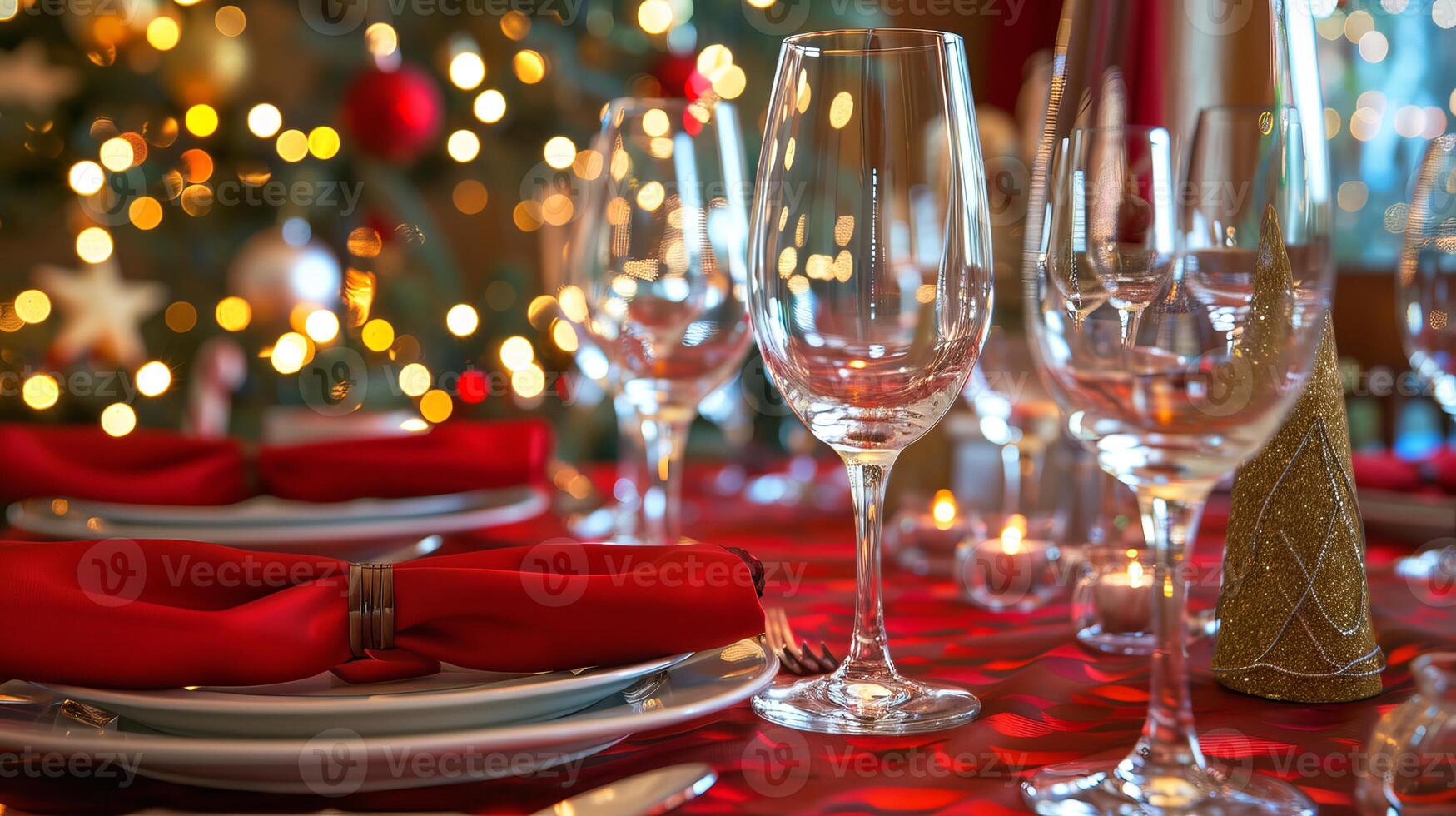 Elegant holiday dining table with glassware and festive decorations photo