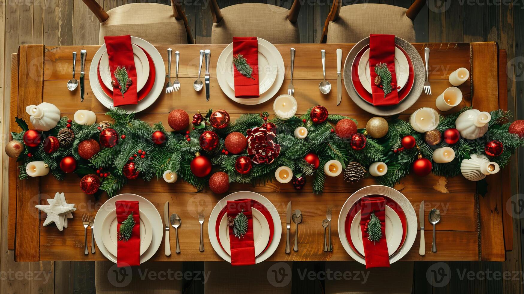Festive christmas table setting with red and green decorations photo