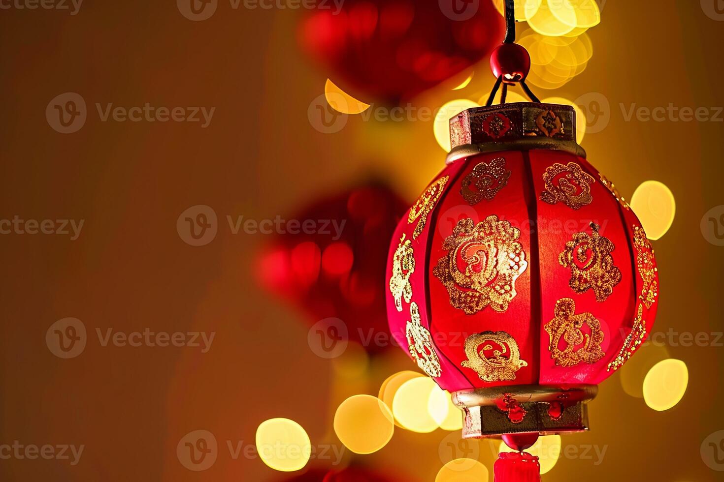 Vibrant red lantern with glowing bokeh lights for festive celebrations photo