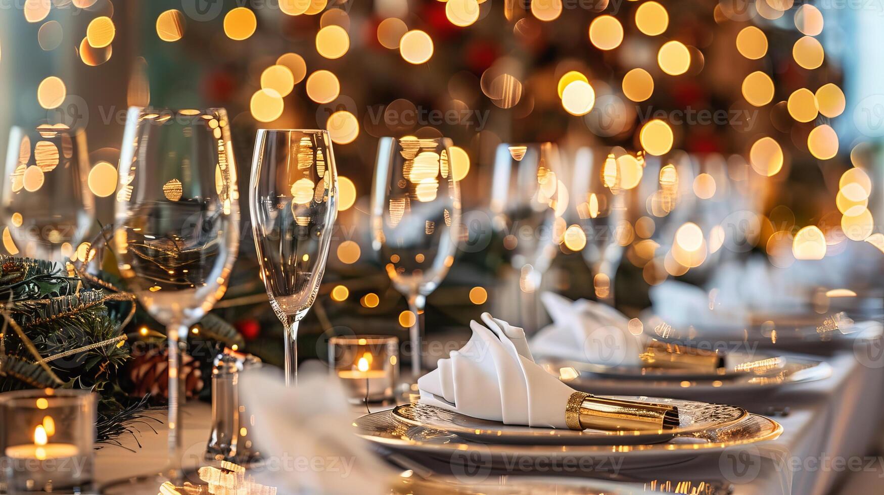 Elegant holiday dining table with twinkling lights and festive setting photo