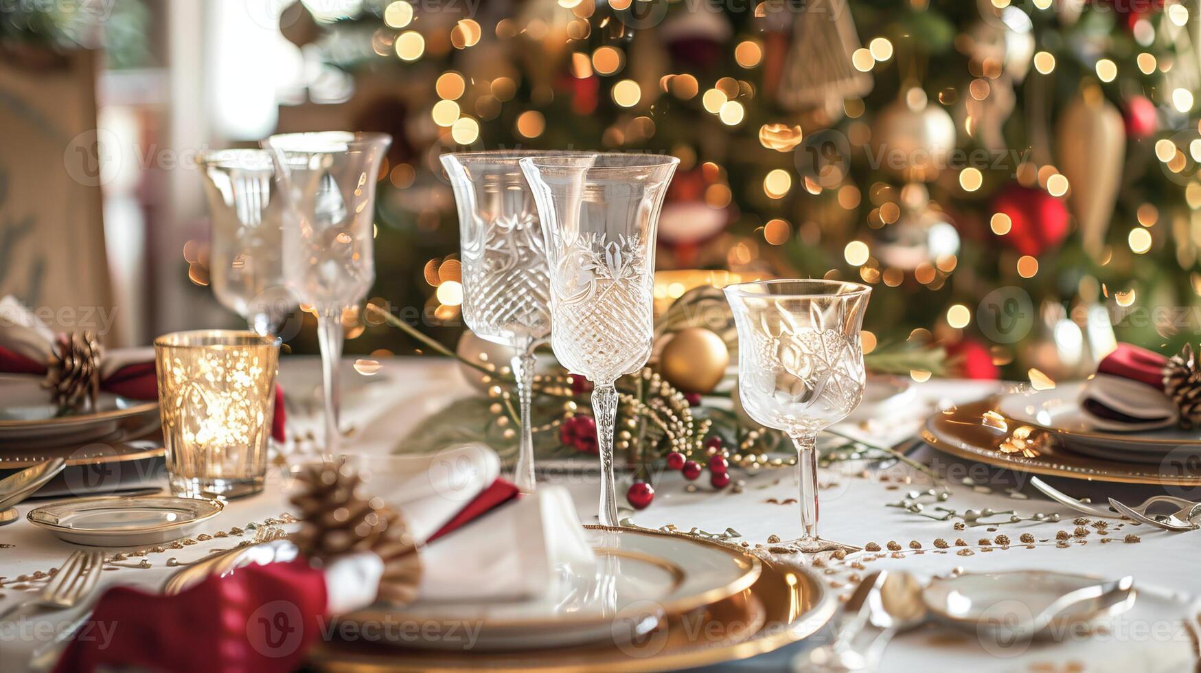 Elegant holiday table setting with crystal glassware and festive christmas decorations photo