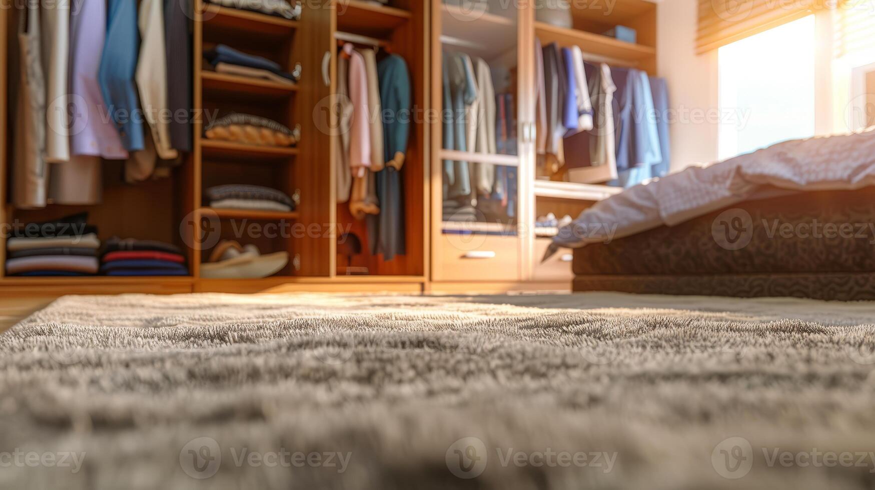 Cozy bedroom with plush carpet and organized closet in warm lighting photo