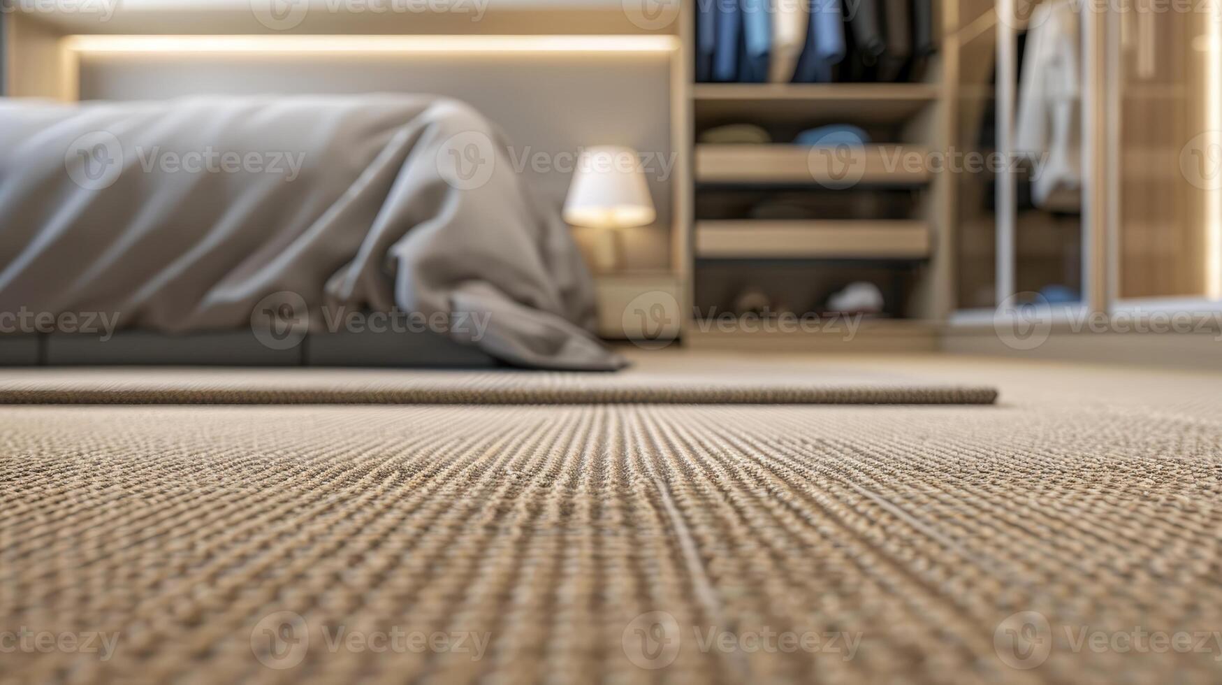 Cozy modern bedroom with focus on textured carpet and contemporary design elements photo