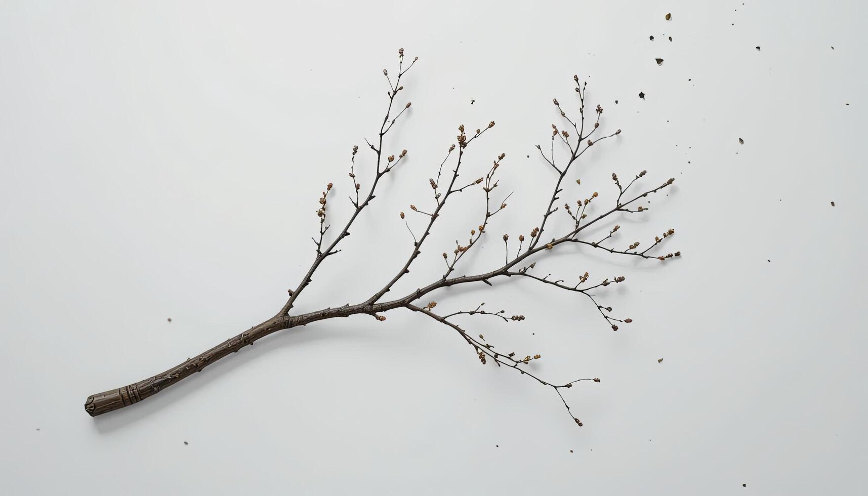 A Single Bare Branch with Buds on White Background Minimalist Nature Photography photo