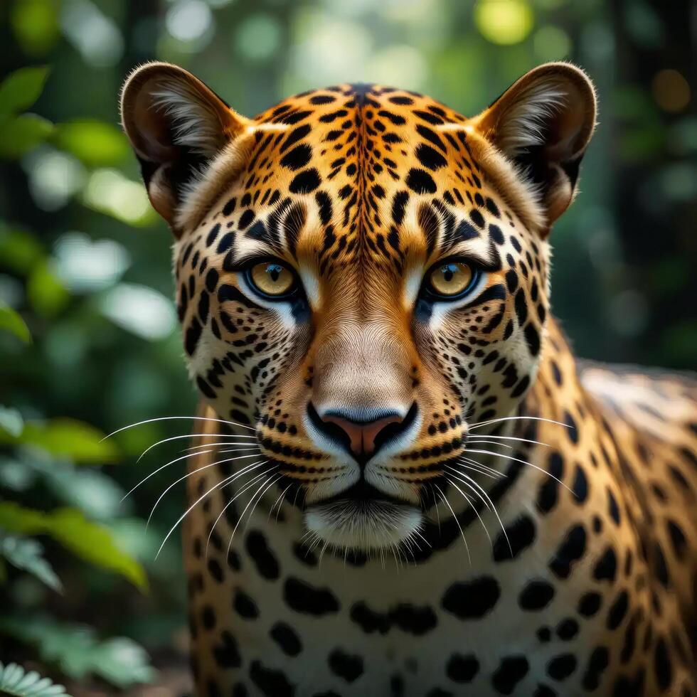 Magnificent Leopard Portrait. A Close-Up Encounter with a Wild Cat in its Lush Habitat photo