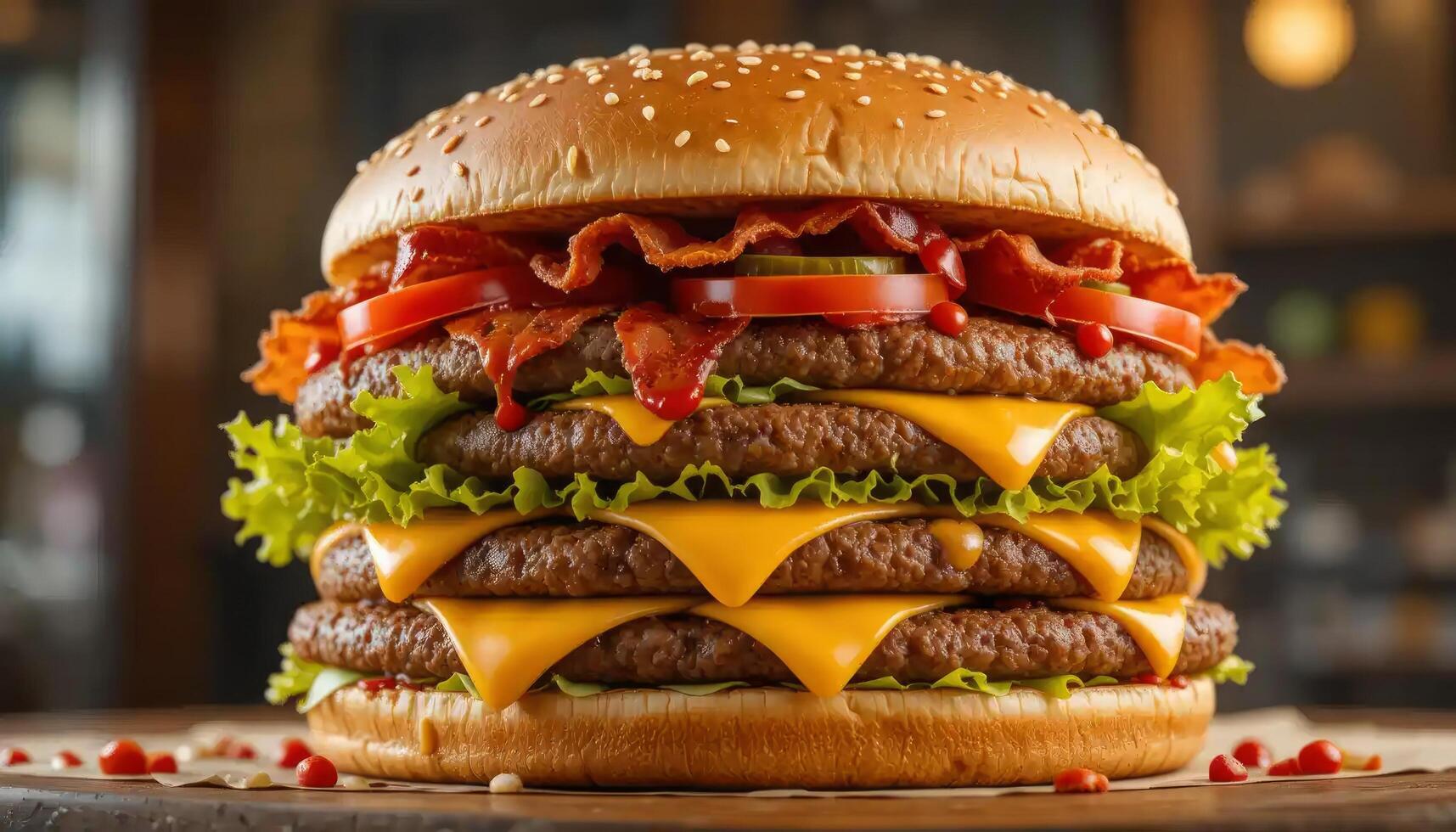 Gigantic Triple Decker Cheeseburger with Bacon and Lettuce, A Delicious Fast Food Feast photo