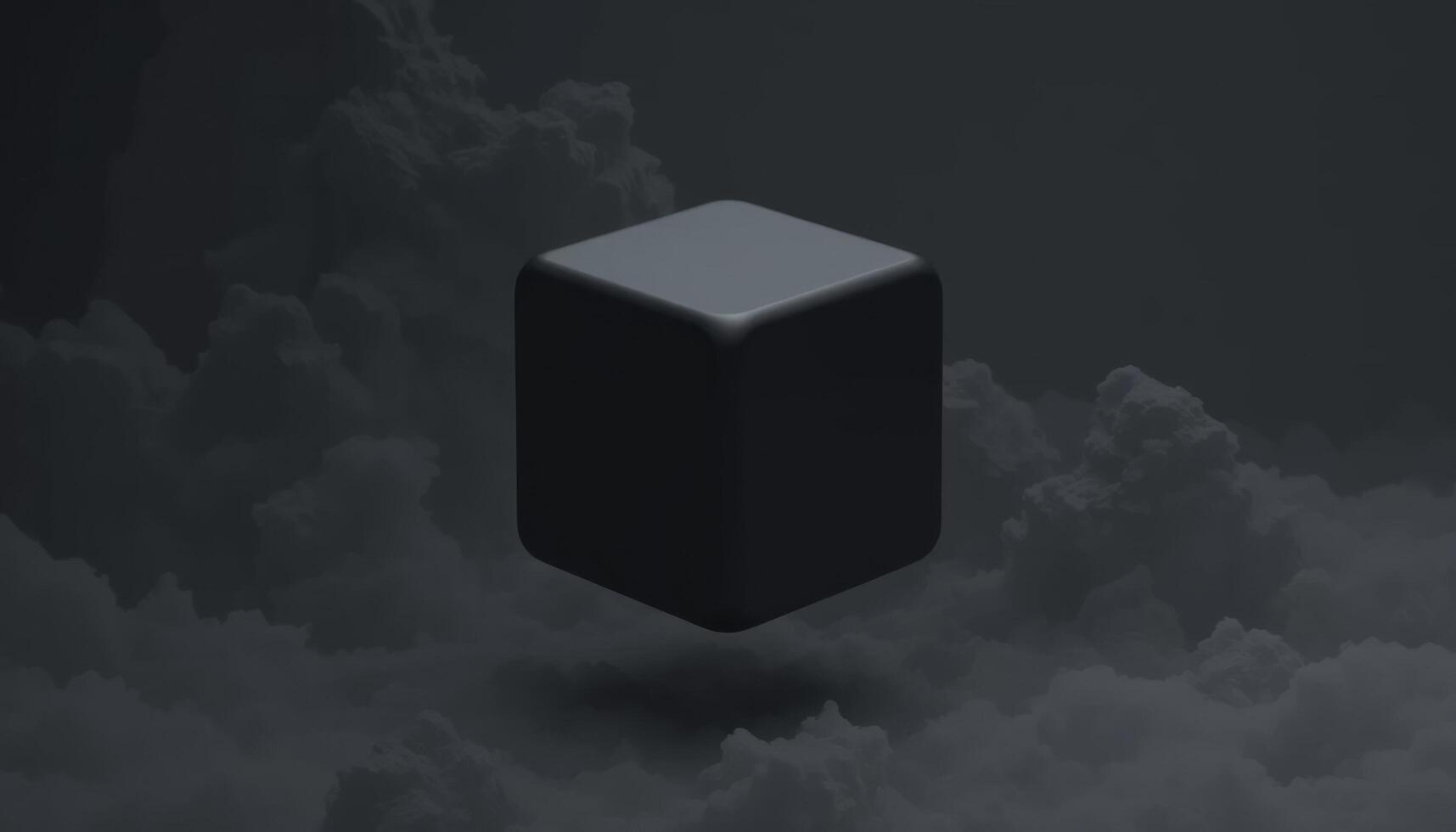 Mysterious Black Cube Floating Above Dark Clouds. A 3D Render of Enigma and Abstraction photo