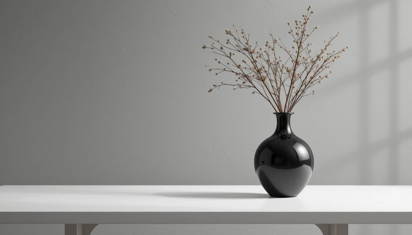 Elegant Minimalist Home Decor Still Life. Black Vase with Dried Branches on White Table photo