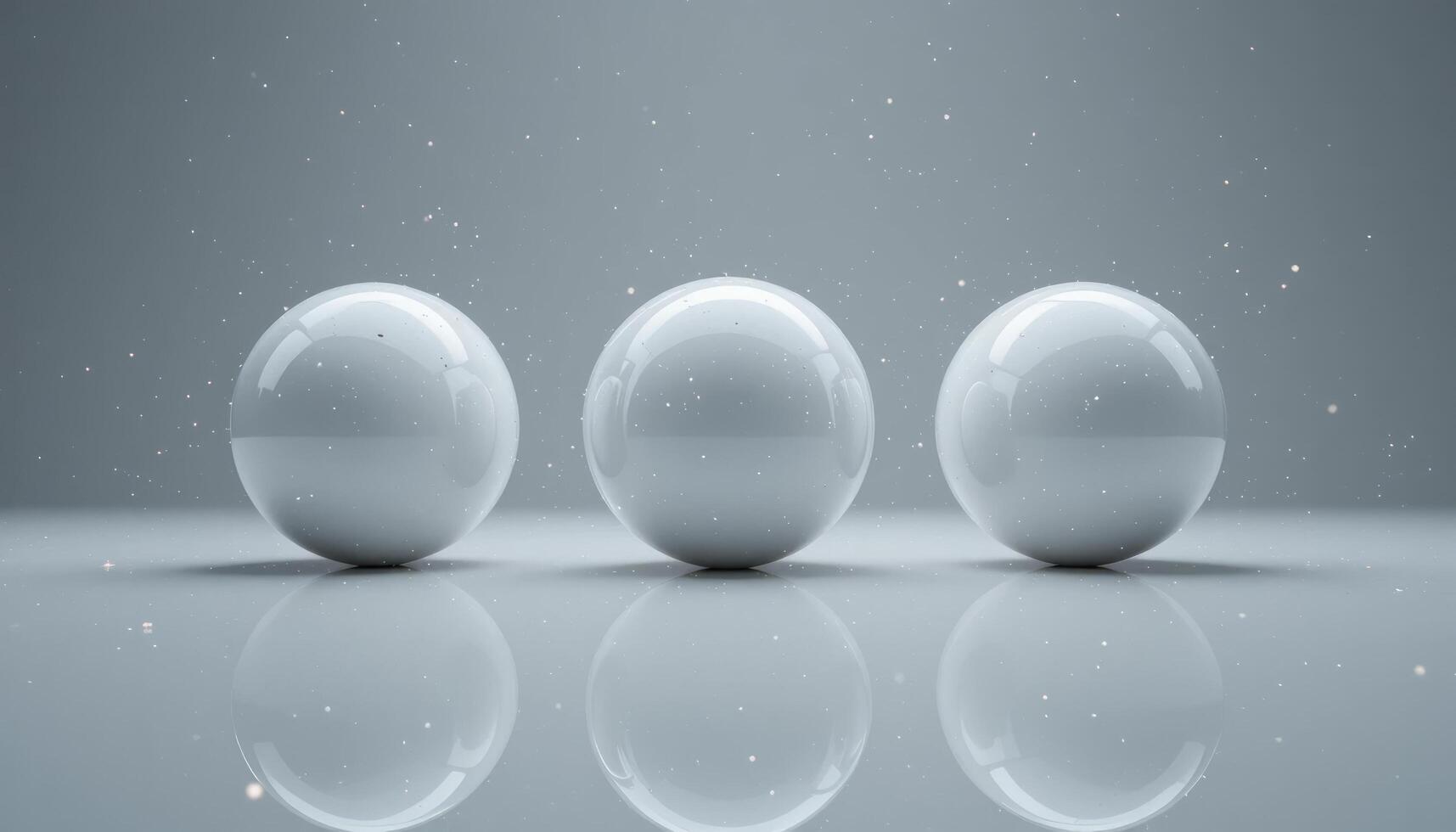 Three Perfect White Spheres Reflecting on a Smooth Surface, Minimalist 3D Render with Subtle Light Particles photo