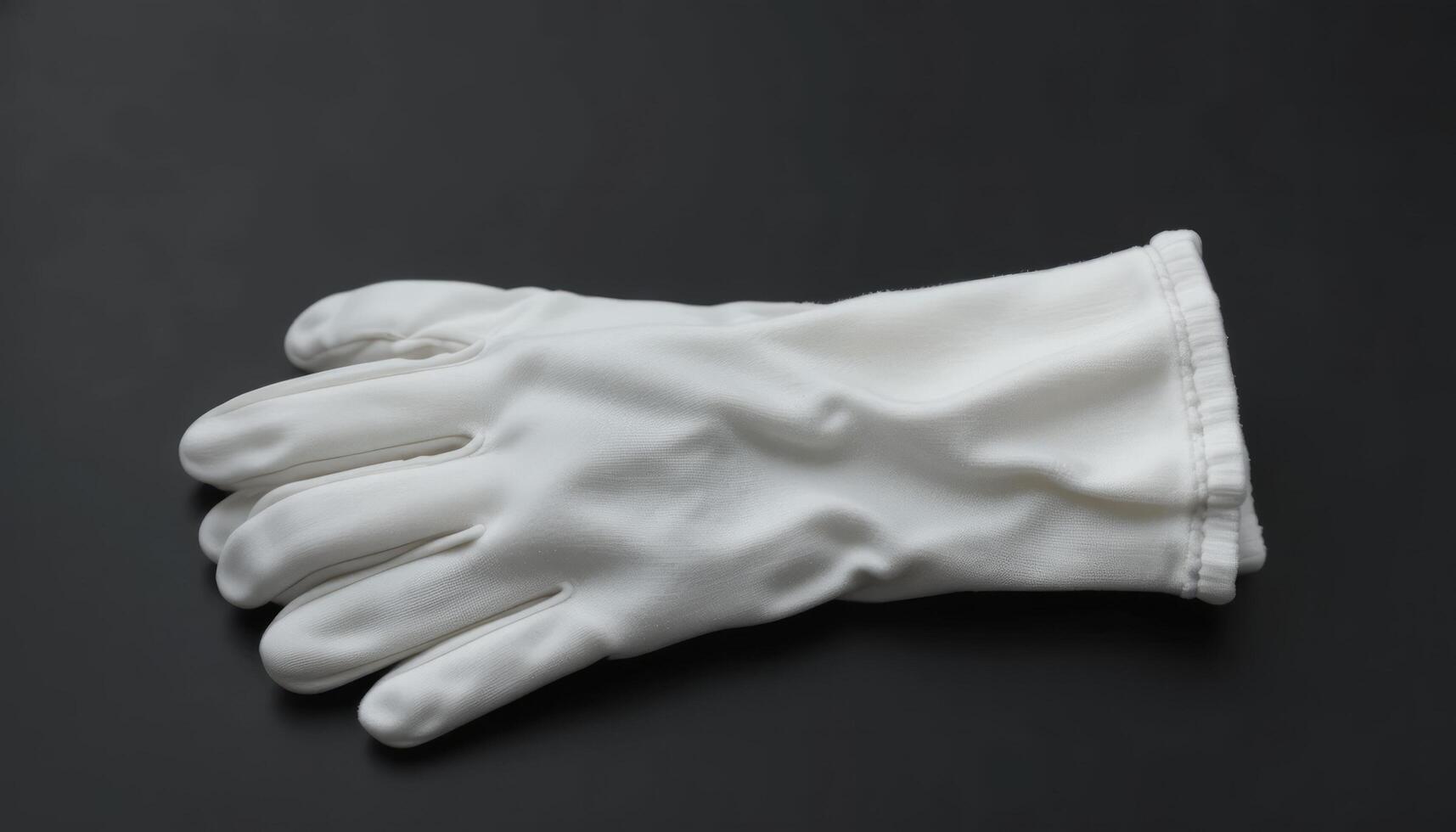 A Single Pair of Elegant White Cotton Gloves Laid on Dark Surface,Soft Fabric,Clean Minimalist Style Photography photo