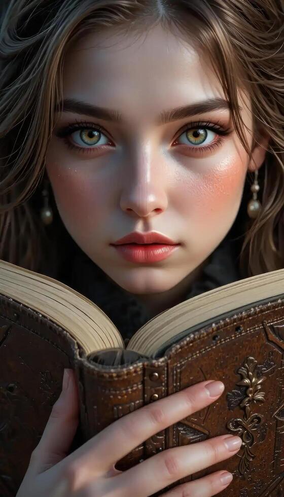 Portrait of a Young Woman with Green Eyes Reading an Antique Book, Mystical Atmosphere, Intriguing Gaze photo