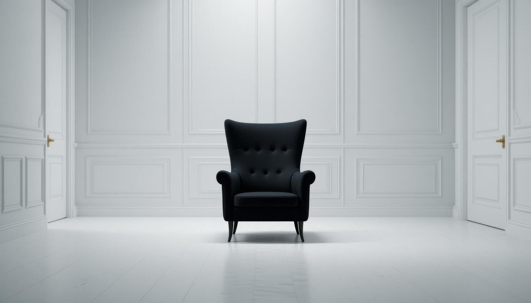Solitary Black Armchair in a White Room Elegant Interior Design Minimalist Setting photo