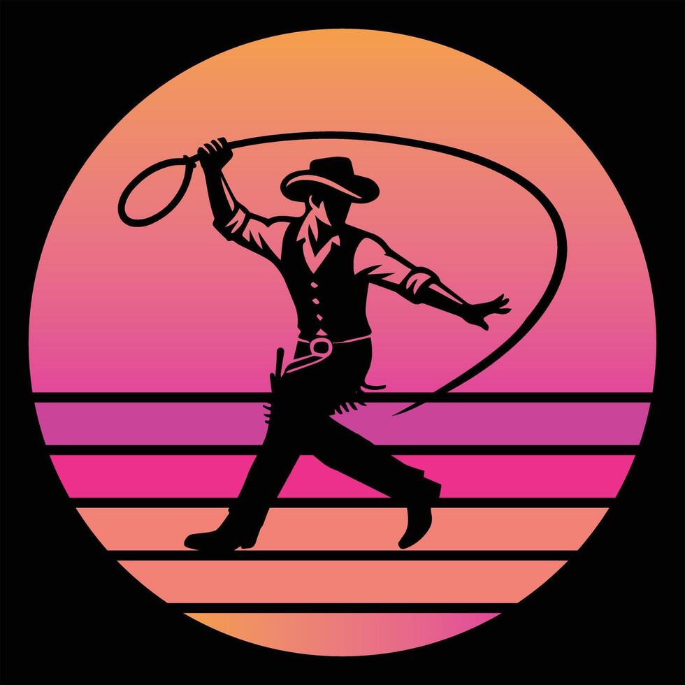 Equestrian Silhouette with Retro Cowboy Sunset Background vector