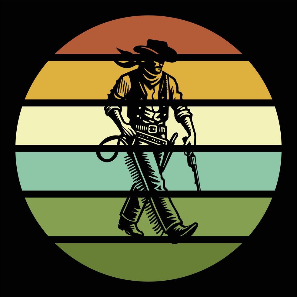 Retro Cowboy Silhouette with Equestrian Sunset Scene vector