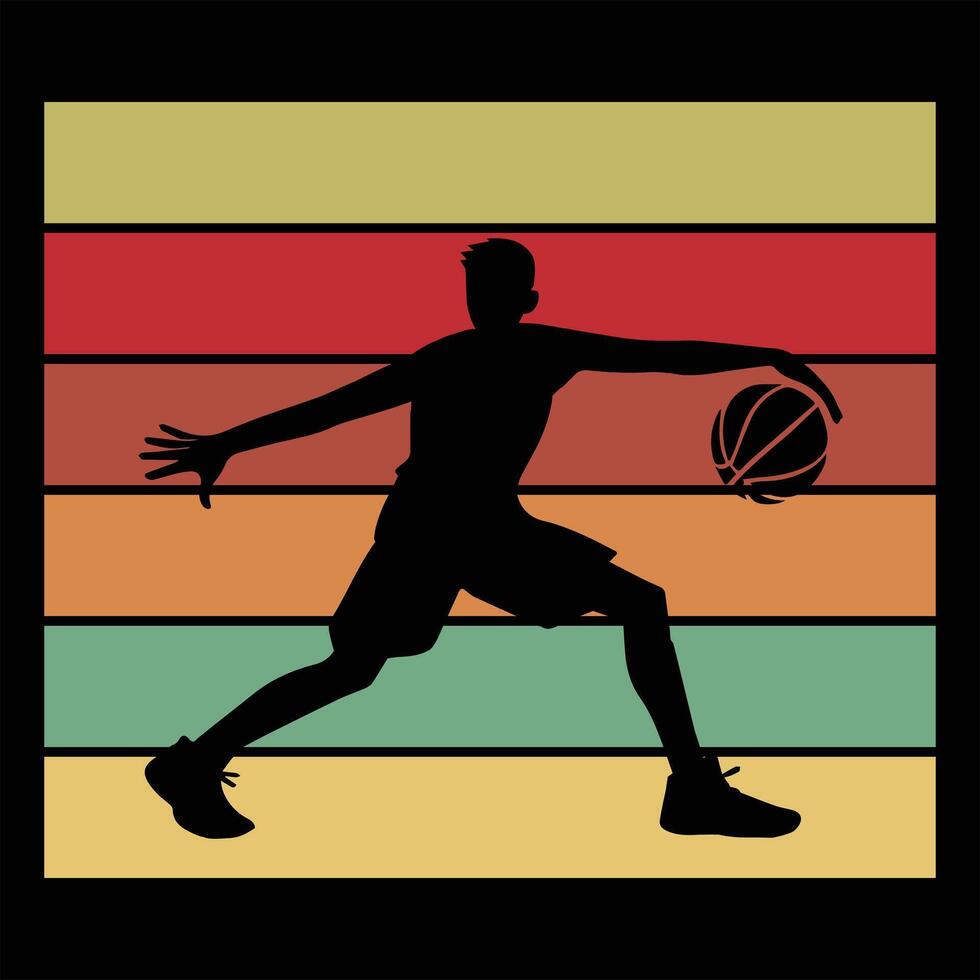 Basketball Player Silhouette with Vibrant Retro Sunset Scene vector