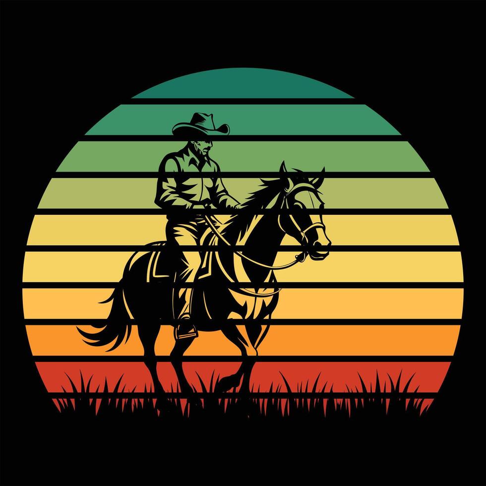 Vintage Cowboy Silhouette with Retro Sunset Art vector