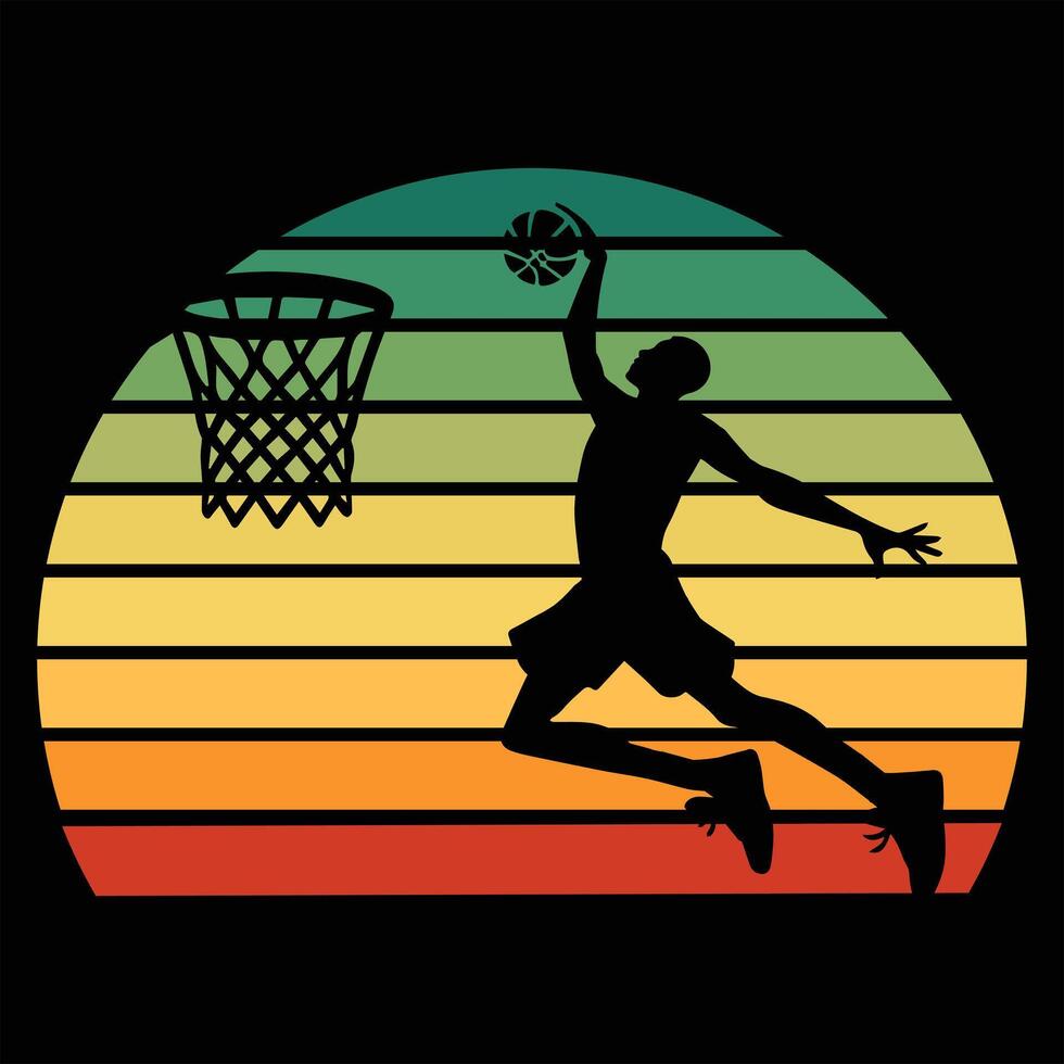 Basketball Player Silhouette Against Retro Sunset Illustration vector
