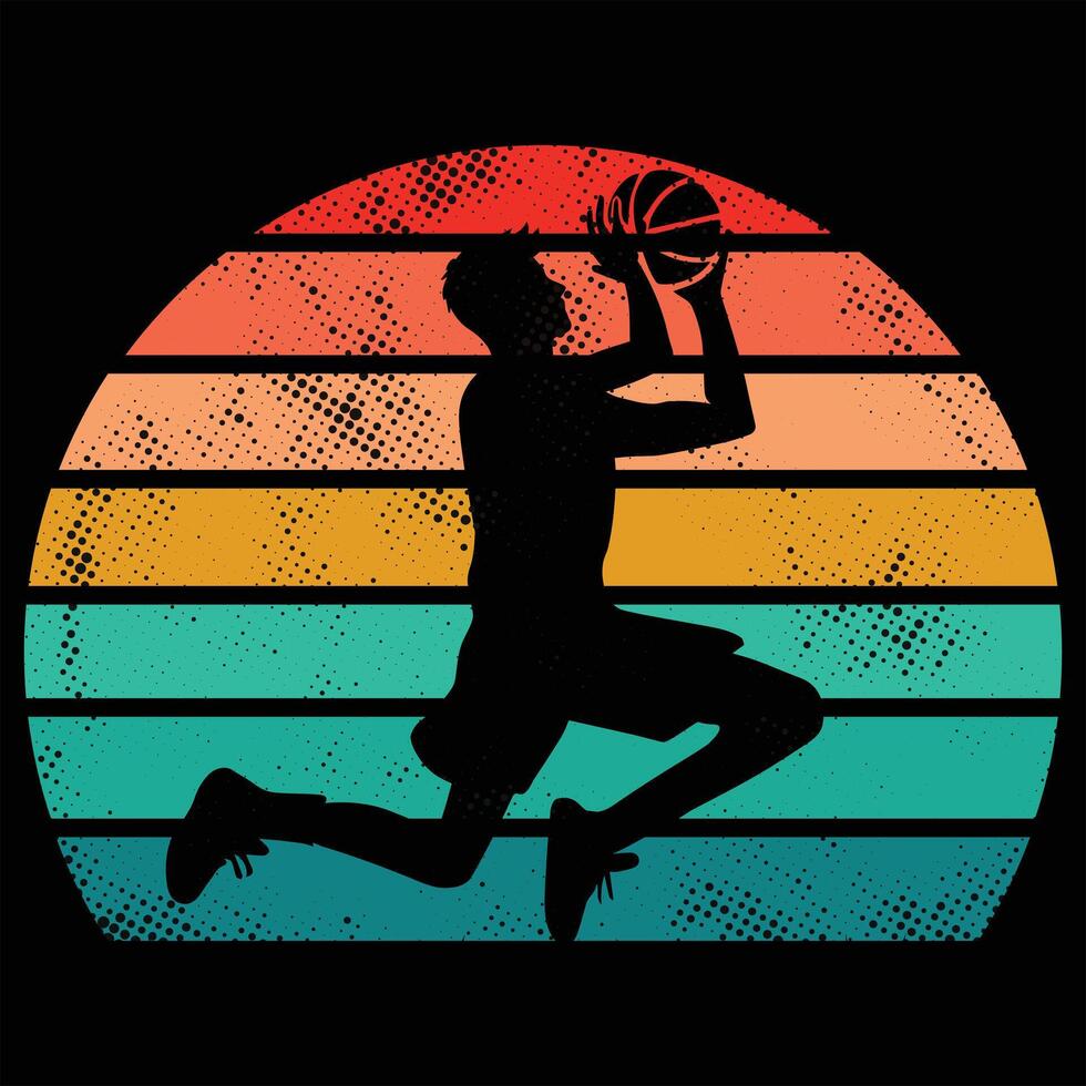 Basketball Player in Silhouette with Retro Sunset Art vector