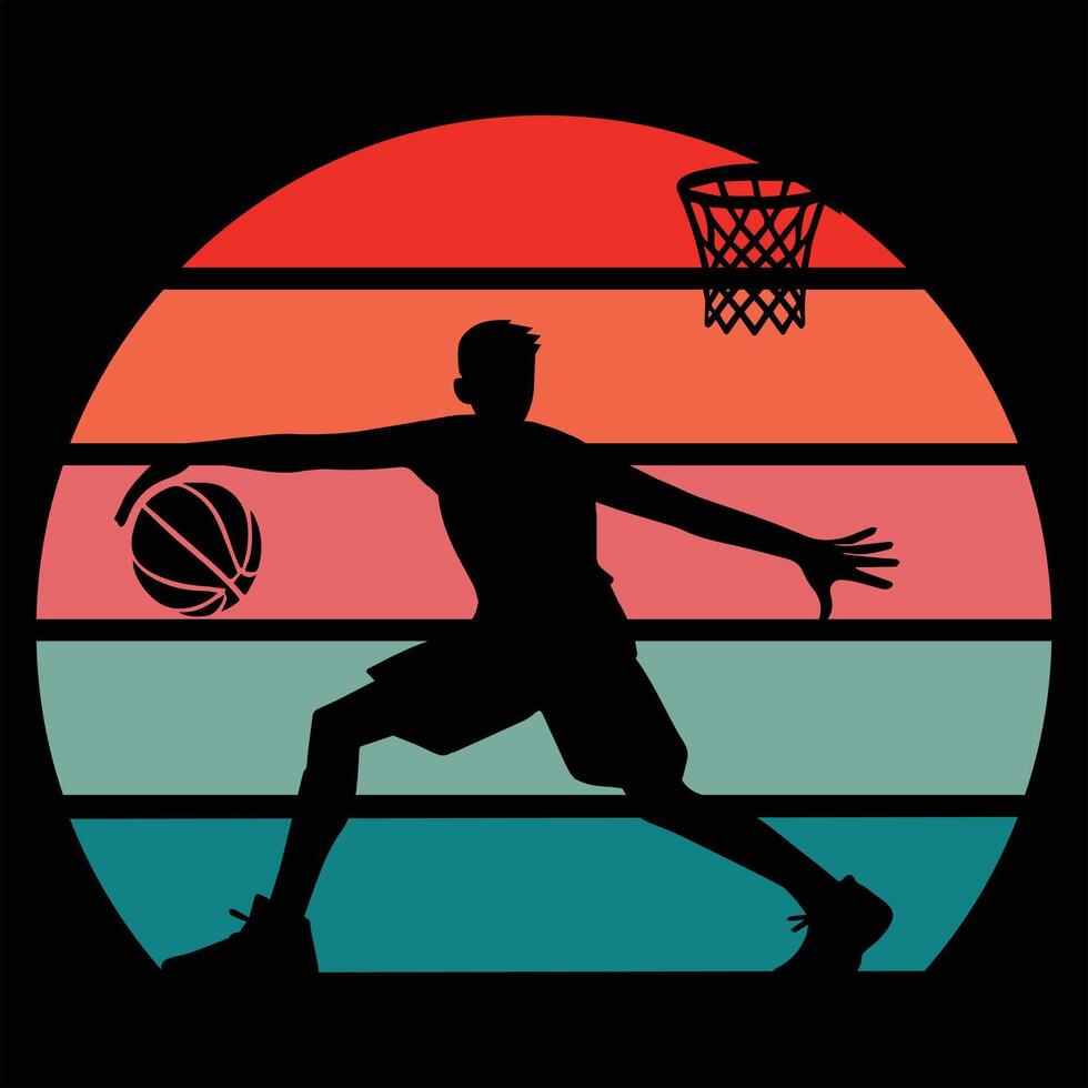 Vintage Sunset Background Featuring Basketball Player Silhouette vector