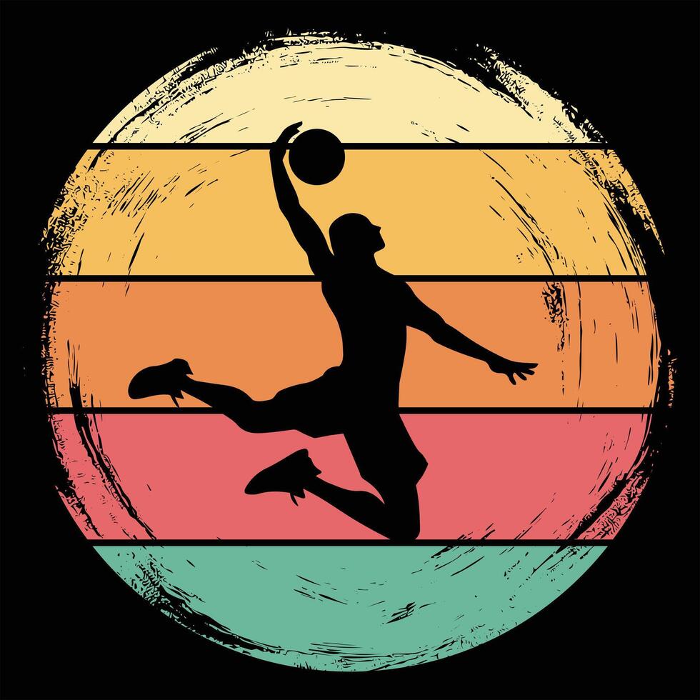 Basketball Player in Silhouette Against Retro Sunset Scene vector