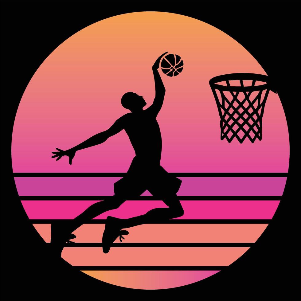 Vintage Sunset Design with Basketball Player Silhouette vector