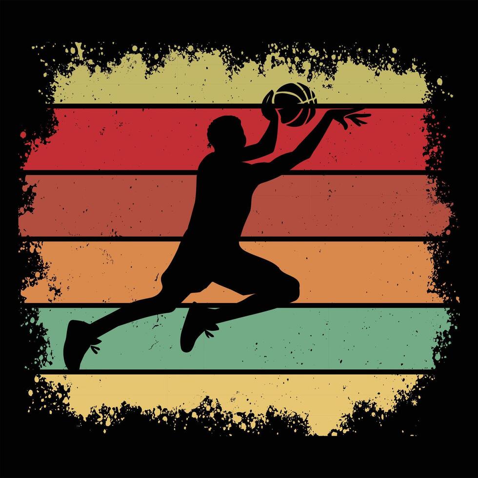 Silhouette of Basketball Player in Retro Sunset Scene vector