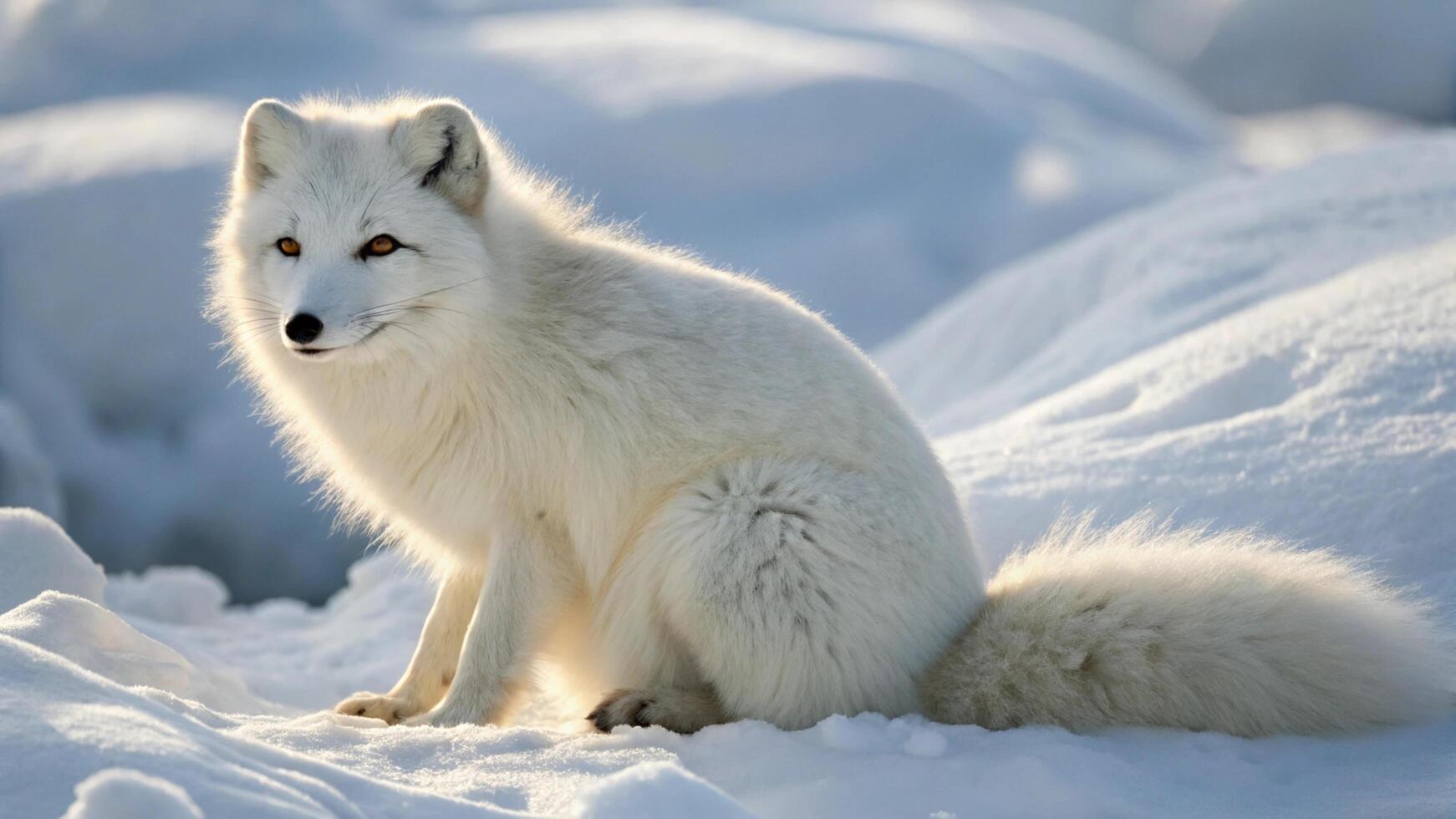 A close-up portrait of an arctic fox with its thick white fur, sitting in the snow under natural light photo