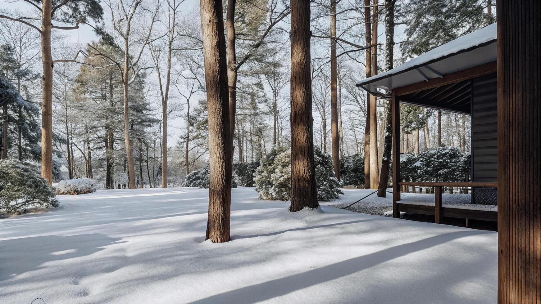 A cabin in the woods with snow on the ground photo