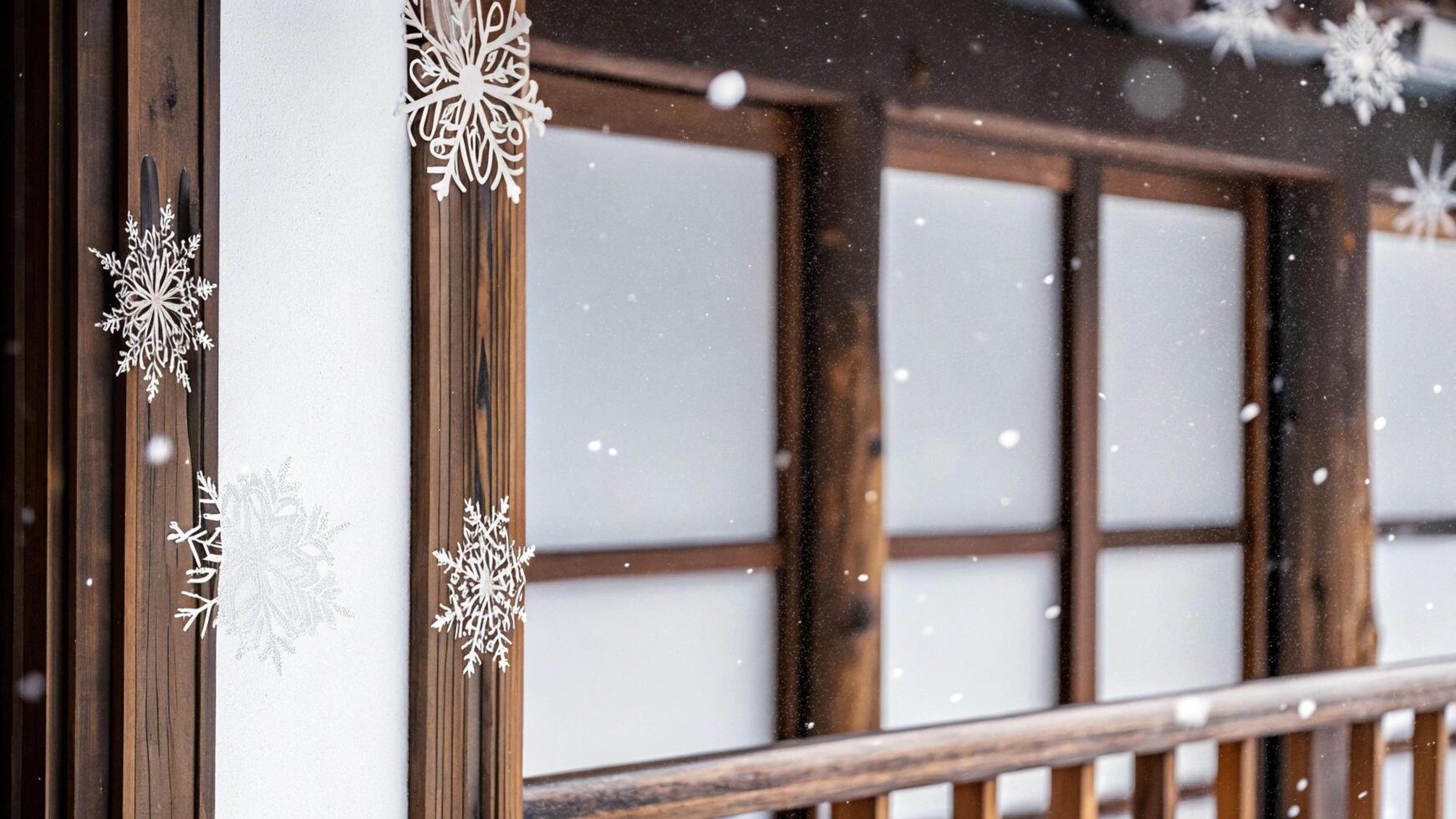 A wooden balcony with snowflakes on it photo