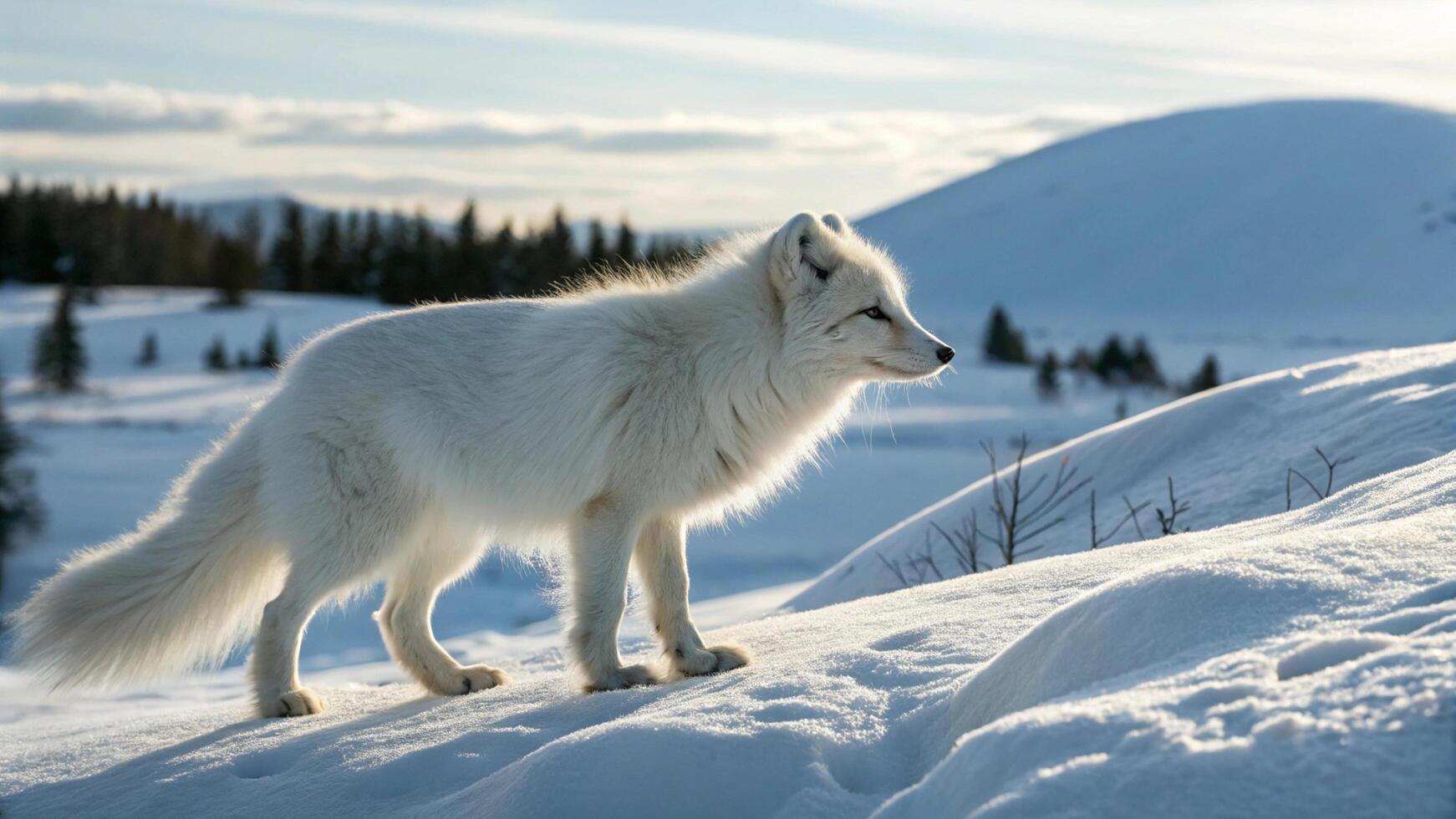 An arctic fox with its paws in the air, playing in the snow, captured with natural light photo