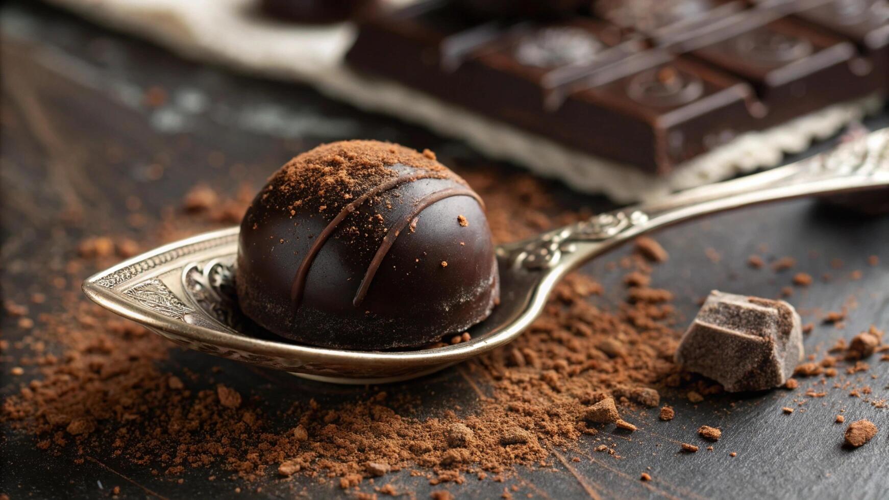 A close-up of a chocolate truffle with a dusting of cocoa powder, placed on a vintage silver spoon photo