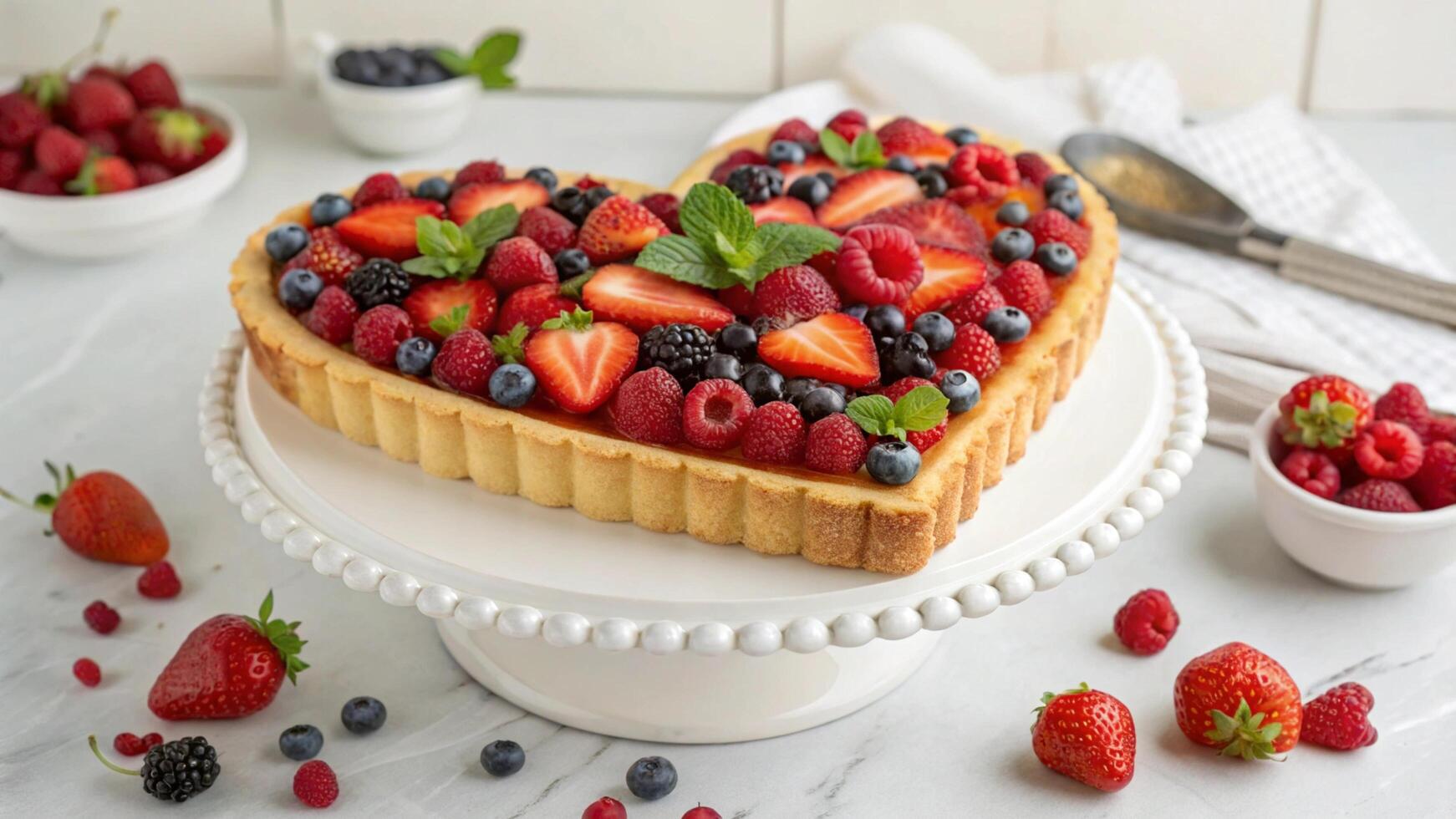 A heart-shaped fruit tart with an assortment of fresh berries photo