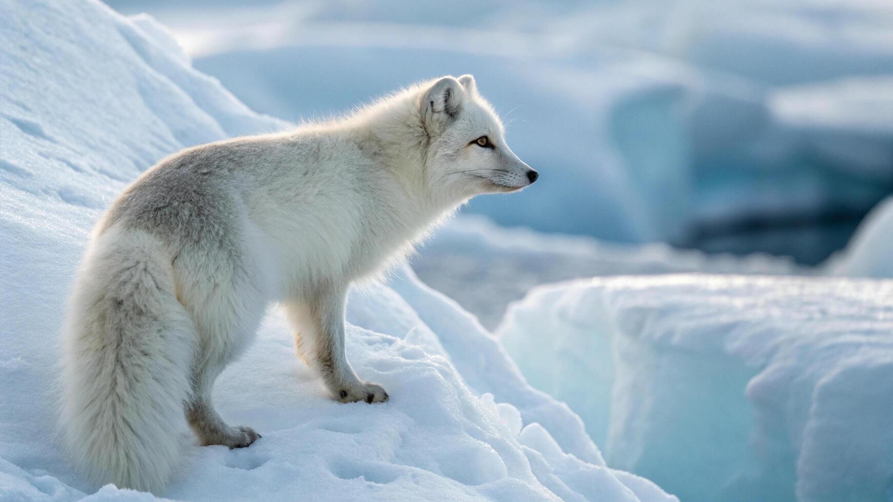 An arctic fox with its back turned, looking over its shoulder, with its white fur blending into the snowy background photo
