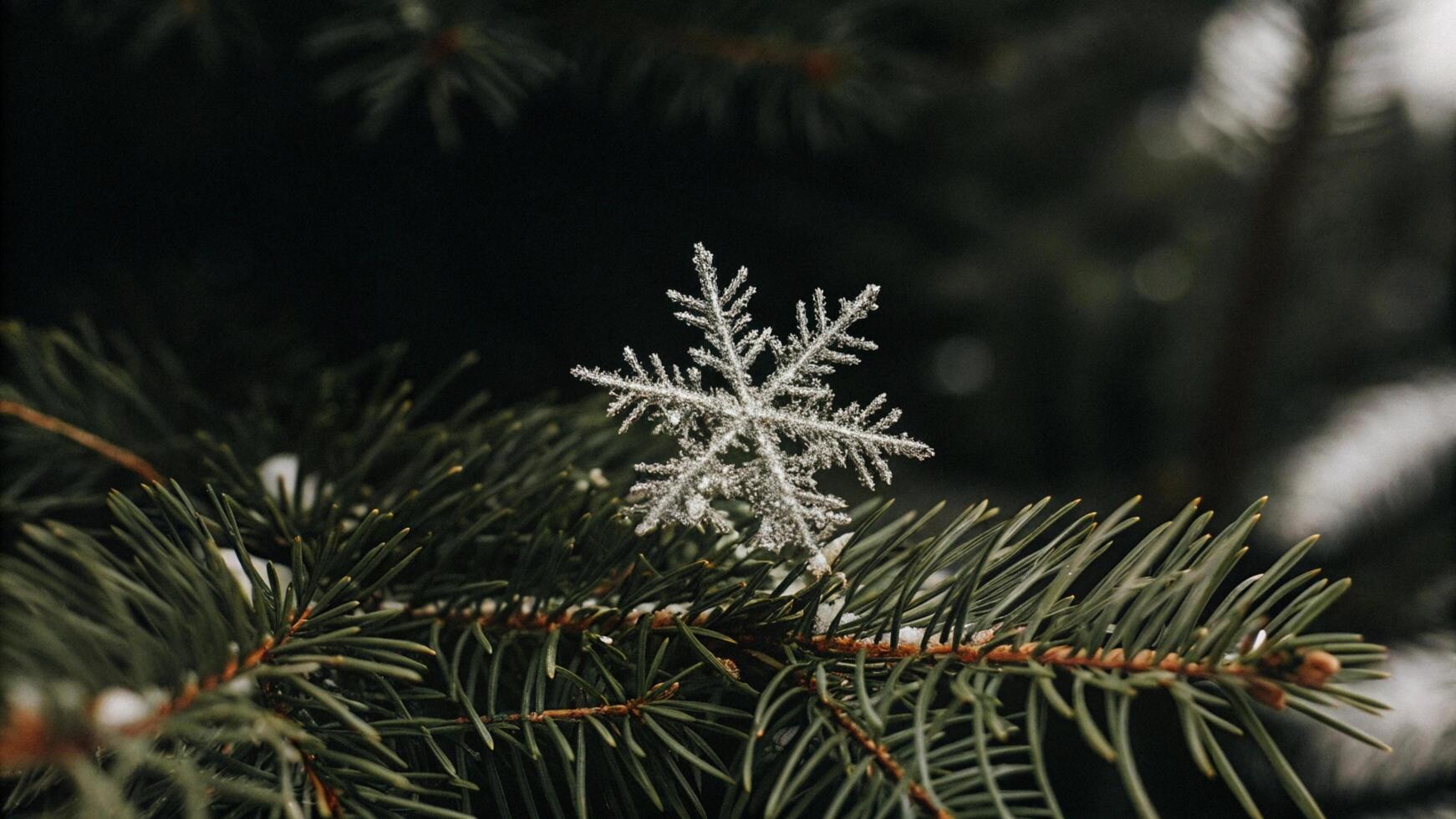 A snowflake is sitting on top of a pine tree photo
