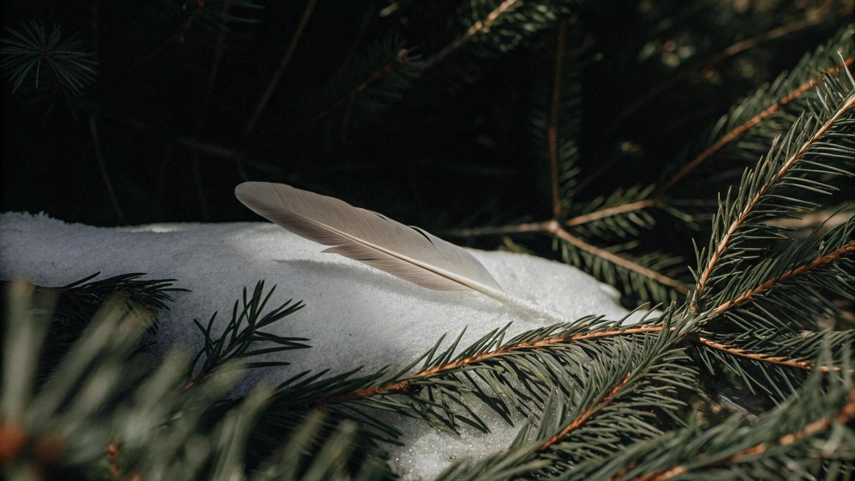 A feather is sitting on top of a pine tree photo