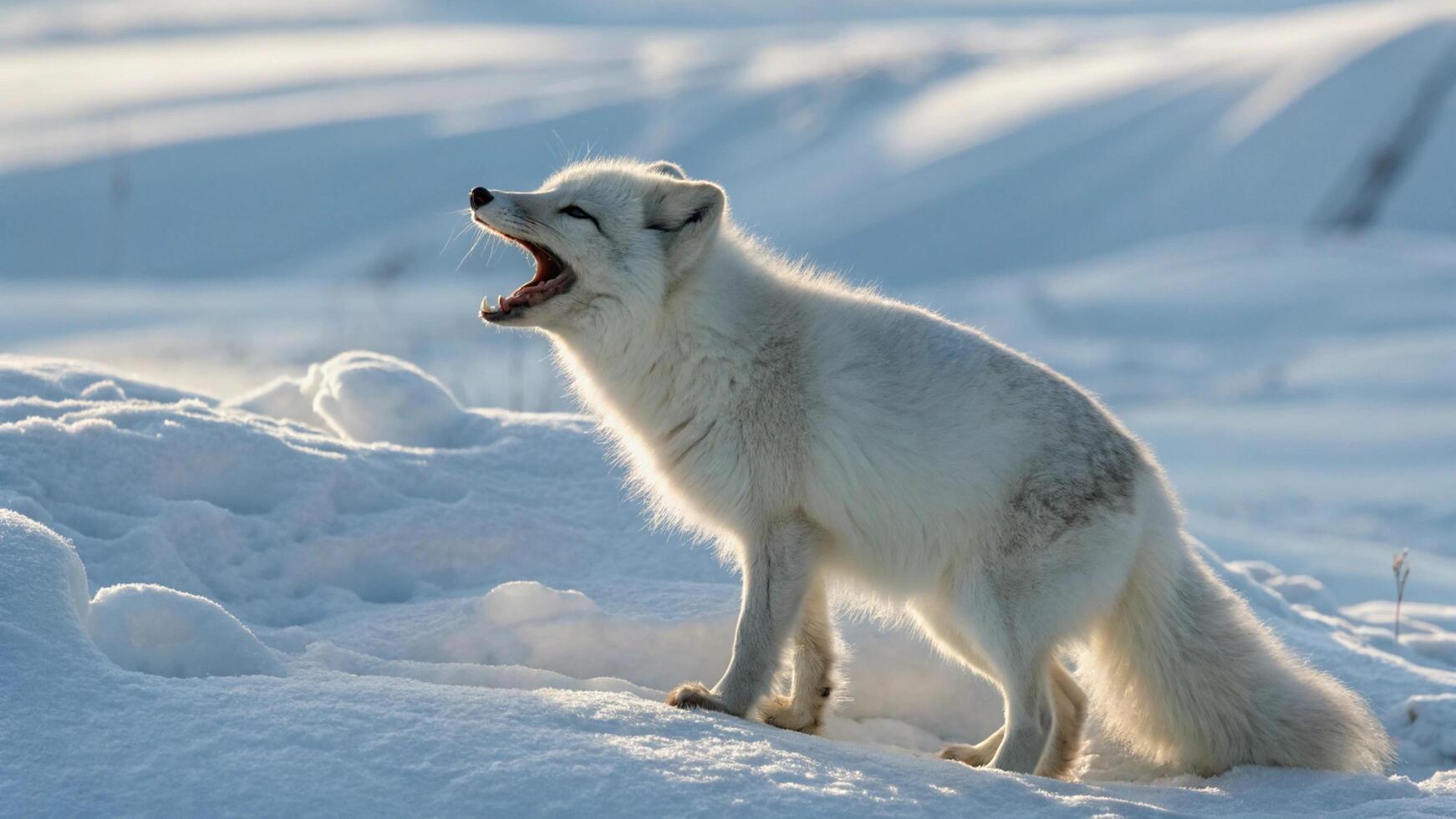 An arctic fox yawning, showing its teeth, with its white fur blending into the snowy background photo