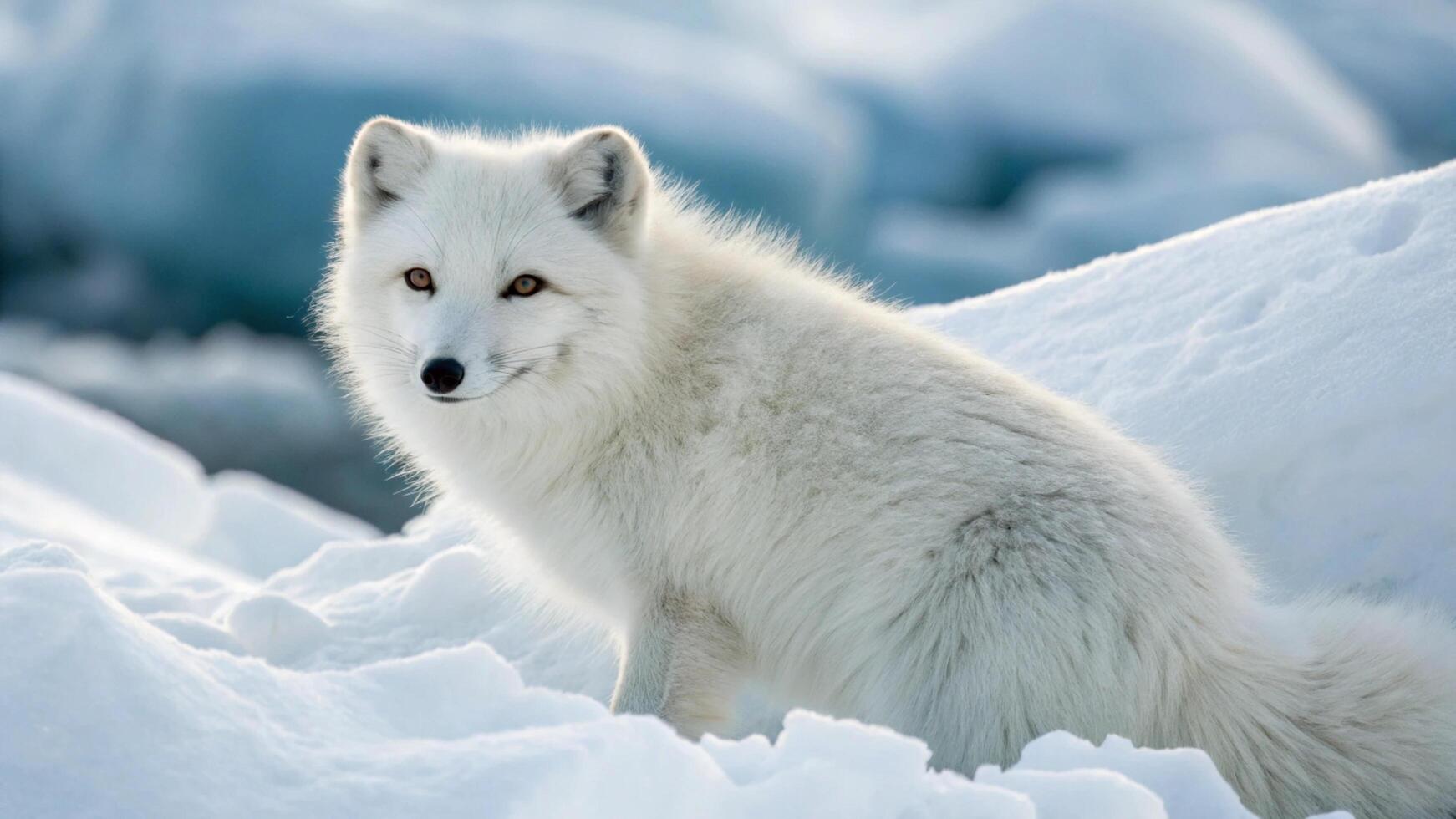 An arctic fox with its thick white fur, looking directly into the camera photo