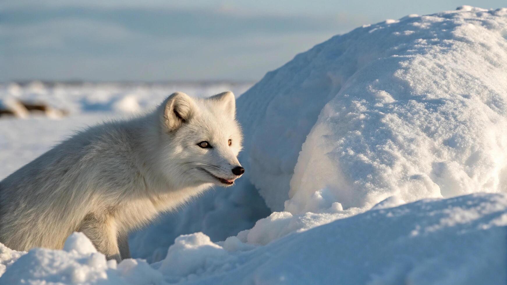 A curious arctic fox peeking out from behind a snow mound photo