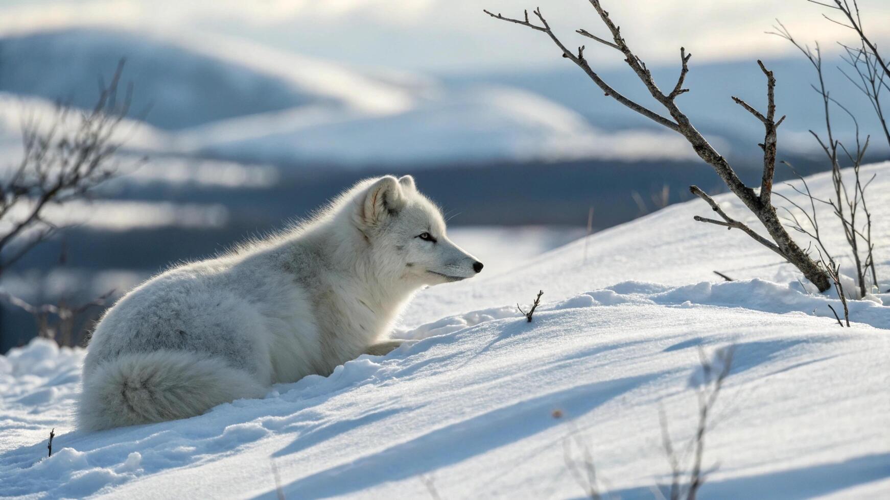 An arctic fox blending seamlessly into the snowy background, captured in soft natural light photo