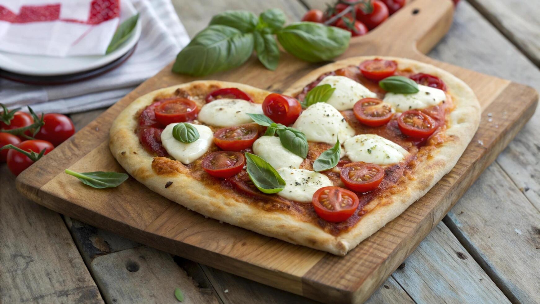 A heart-shaped pizza with fresh tomatoes, basil, and mozzarella cheese, placed on a rustic cutting board photo