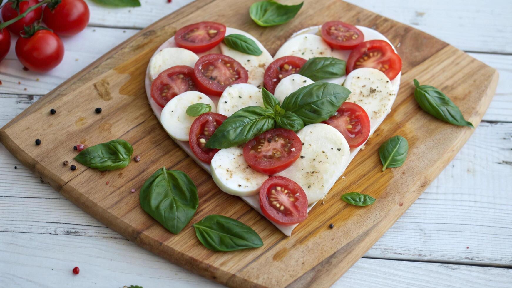 A heart-shaped caprese salad with fresh mozzarella, tomatoes, and basil, placed on a rustic cutting board photo